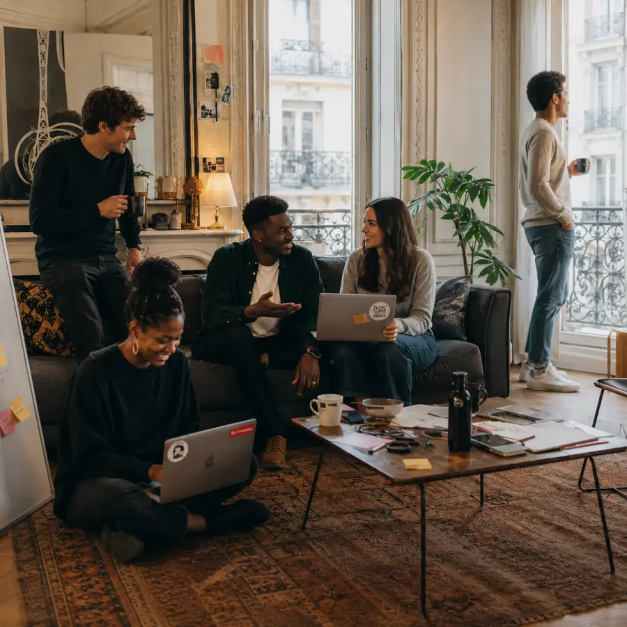 Des fondateurs travaillant ensemble le soir dans un appartement parisien